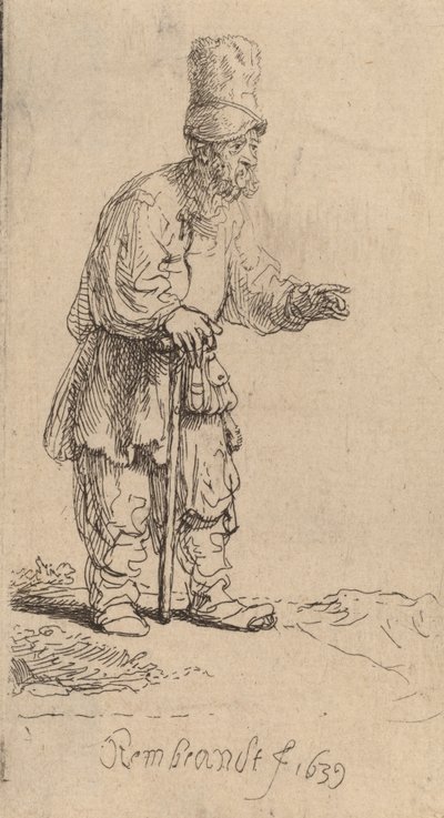 高い帽子をかぶった農民、棒にもたれかかって立っている、1639年。 作： Rembrandt van Rijn