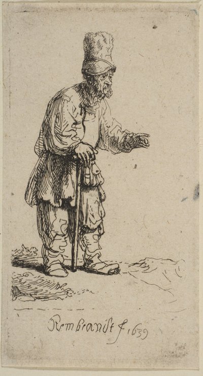 棒に寄りかかって立っているハイキャップの農民、1639年。 作： Rembrandt van Rijn
