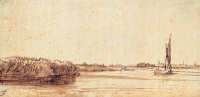 Nieuwe Meerの帆船のある川 作： Rembrandt van Rijn