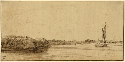 広大な水域に広がる帆船、1650年頃（ペンと茶色のインクと茶色のウォッシュ、色付き紙） 作： Rembrandt van Rijn