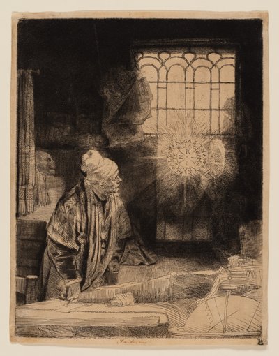 彼の研究の学者 (ファウスト) 作： Rembrandt van Rijn