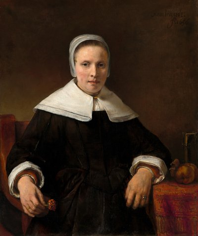 ピンクを持った女性、1656年。 作： Rembrandt van Rijn