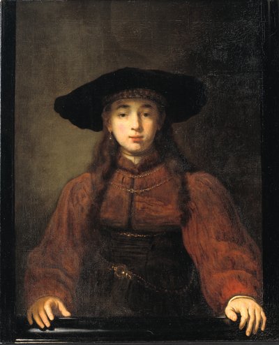 額縁に手を置いている若い女性 作： Rembrandt van Rijn