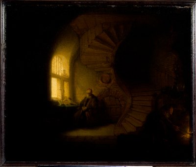 瞑想中の哲学者 ハーメンスゾーン・ファン・レインの絵 このレンブラント（1606-1669）1632年日。0.28x0.34 m パリ、ルーヴル美術館 作： Rembrandt van Rijn