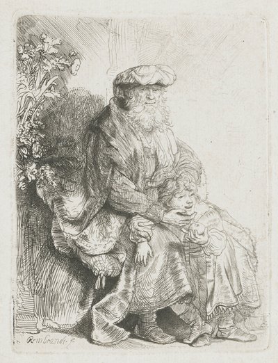 イサクを愛撫するアブラハム ベンジャミンを愛撫するジェイコブ 作： Rembrandt van Rijn