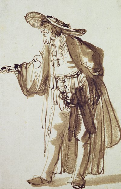 幅広の帽子をかぶった俳優（紙にペンとインクで洗う） 作： Rembrandt van Rijn