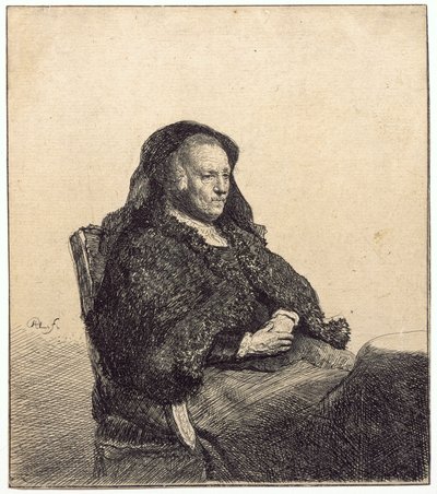 年配の女性（テーブルに座るレンブラントの母） 作： Rembrandt van Rijn