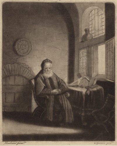 窓の前の机に座っている高齢者のひげを生やした哲学者 作： Rembrandt van Rijn