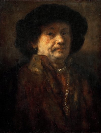 レンブラント・ファン・ライン（1606-1669）の「毛皮のコートを着て金の鎖と耳飾りをつけた自画像」（Autoportrait en manteau de fourrure avec une chaine en or et boucle d