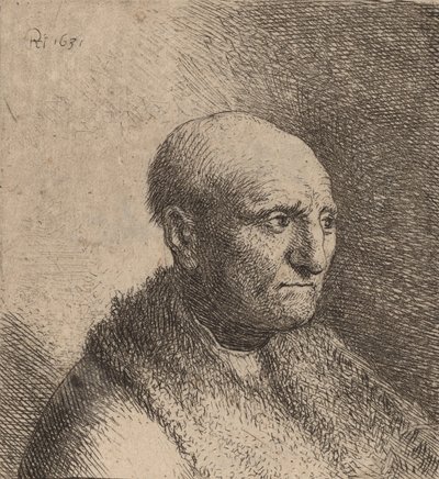 毛皮のマントを着たハゲ男、c。 1630年。 作： Rembrandt van Rijn