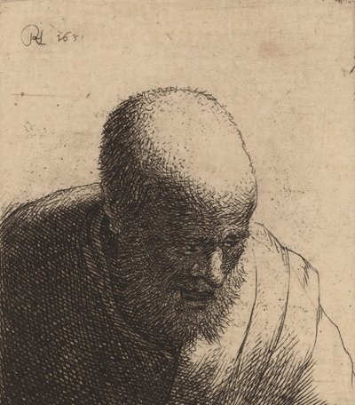 口を開けて見下ろしている禿げた男、c。 1630年。 作： Rembrandt van Rijn
