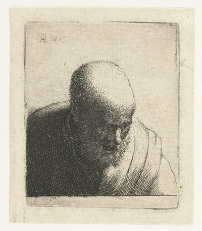 口を開けて見下ろすハゲ男：バスト 作： Rembrandt van Rijn