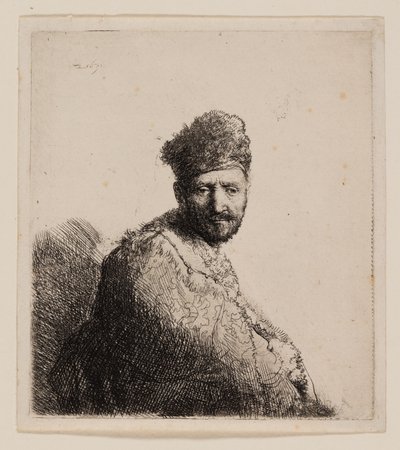 毛皮のオリエンタル キャップとローブのひげを生やした男 作： Rembrandt van Rijn