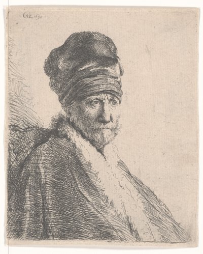 毛皮のあるオリエンタルキャップとローブのひげを生やした男性、ハイキャップを着用、1630年 作： Rembrandt van Rijn
