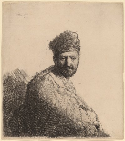 東洋の毛皮の帽子とローブを着たひげを生やした男：芸術家の父 作： Rembrandt van Rijn
