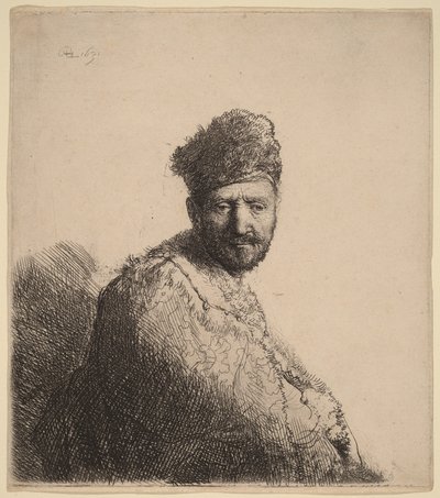 ひげを生やした男、毛皮の東洋風の帽子とローブを身につけている：画家の父 作： Rembrandt van Rijn