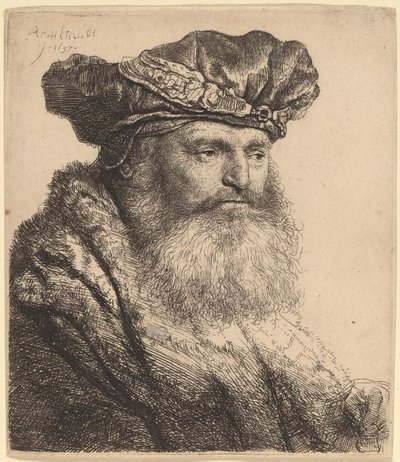 ベルベット キャップとジュエル クラスプのひげを生やした男 作： Rembrandt van Rijn