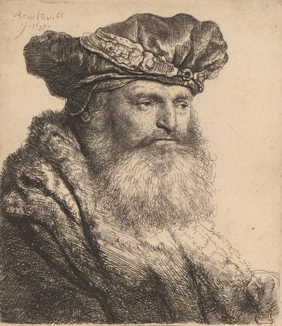 ジュエルクラスプ付きベルベットキャップのひげを生やした男、1637年 作： Rembrandt van Rijn