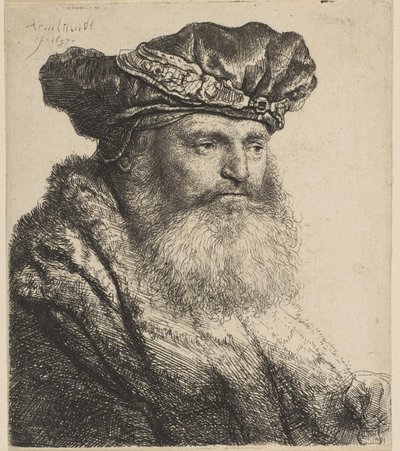 ジュエルクラスプ付きベルベットキャップのひげを生やした男、1637年。 作： Rembrandt van Rijn