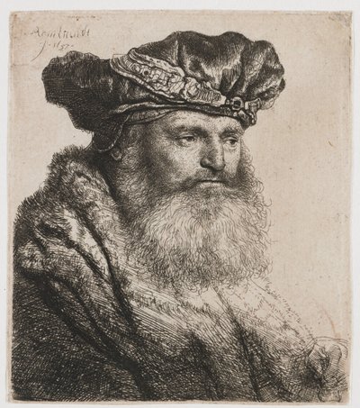 宝石の留め具が付いたベルベットの帽子をかぶったひげを生やした男 作： Rembrandt van Rijn