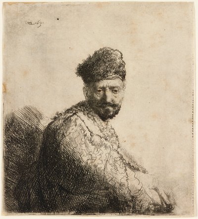 毛皮のオリエンタル キャップのひげを生やした男: 芸術家の父、1631 年。 作： Rembrandt van Rijn