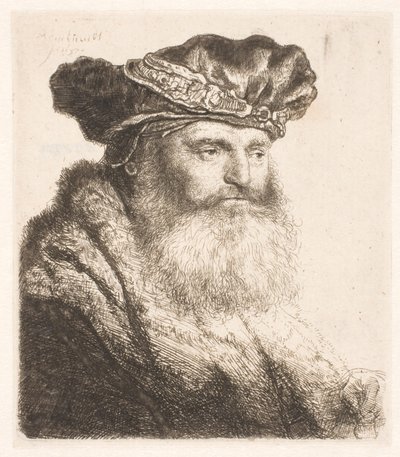 宝石の留め具が付いたベルベットの帽子をかぶったひげを生やした男 作： Rembrandt van Rijn