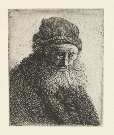 短いウェーブのかかった髪のひげを生やした男: バスト 作： Rembrandt van Rijn