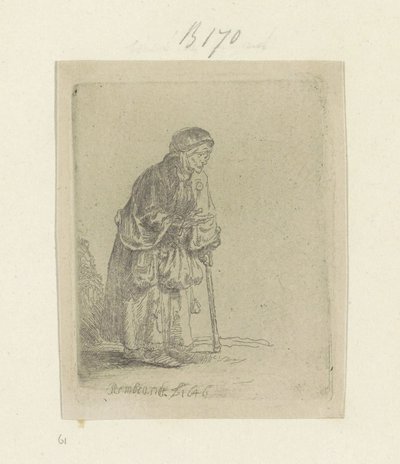 棒にもたれて物乞いの女性、右側 Requeil de quatre-vingt-cinq estampes originales (シリーズタイトル) 作： Rembrandt van Rijn