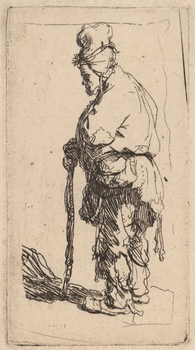 左を向いて棒にもたれかかる物乞い 作： Rembrandt van Rijn