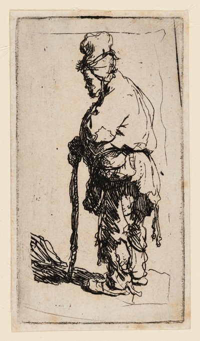 左を向いて棒にもたれかかる物乞い 作： Rembrandt van Rijn