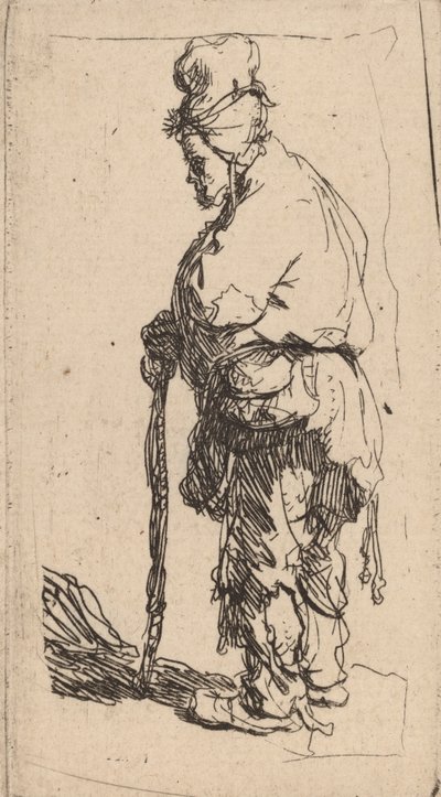棒にもたれかかる物乞い、左向き c. 1630年。 作： Rembrandt van Rijn