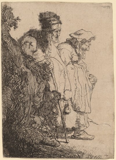 銀行の後ろの物乞いの男と女 作： Rembrandt van Rijn