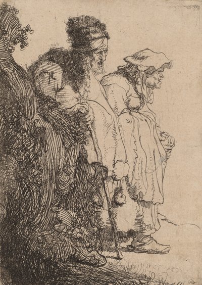 銀行の後ろの物乞いの男と女、c。 1630年。 作： Rembrandt van Rijn