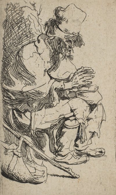 物乞いが座って摩擦皿で手を温めている、カリフォルニア州。 1630年頃。 1630年。 作： Rembrandt van Rijn