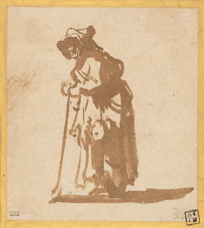 棒にもたれかかる物乞いの女 作： Rembrandt van Rijn