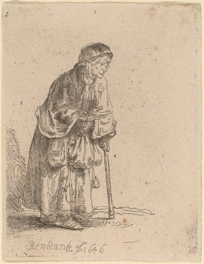 棒にもたれかかる物乞いの女 作： Rembrandt van Rijn