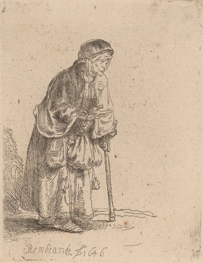棒にもたれかかる物乞いの女、1646年。 作： Rembrandt van Rijn