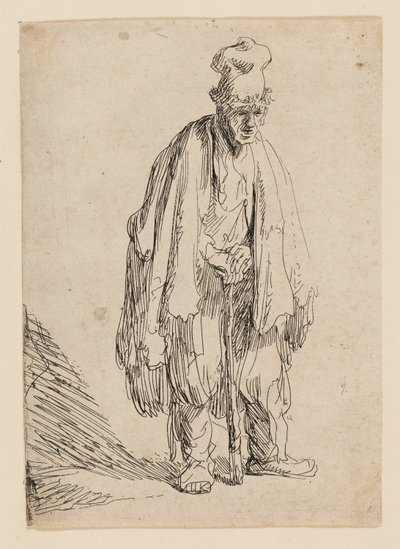 高い帽子をかぶった物乞い、立ち、棒にもたれかかる 作： Rembrandt van Rijn