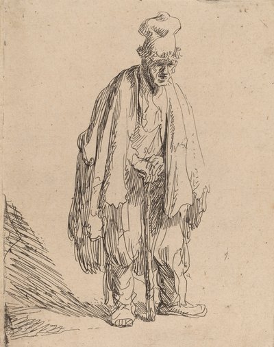 高い帽子をかぶった物乞い、立ち、棒にもたれかかっている、c。 1630年。 作： Rembrandt van Rijn