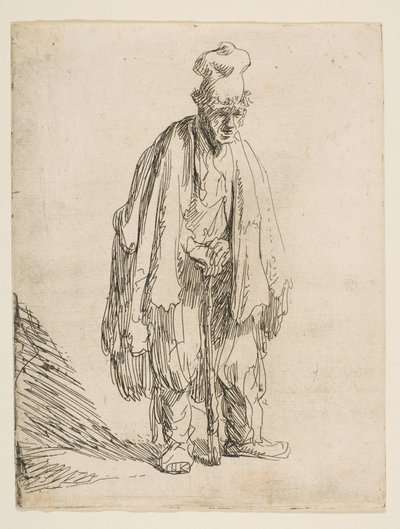 高い帽子の乞食、立って棒に寄りかかって、およそ。 1629年。 作： Rembrandt van Rijn