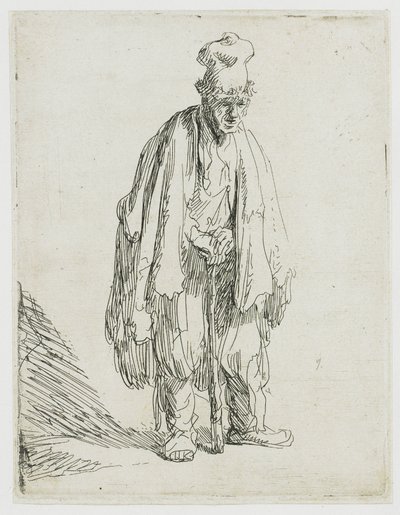 高い帽子をかぶった物乞いが、杖に寄りかかって立っている 作： Rembrandt van Rijn