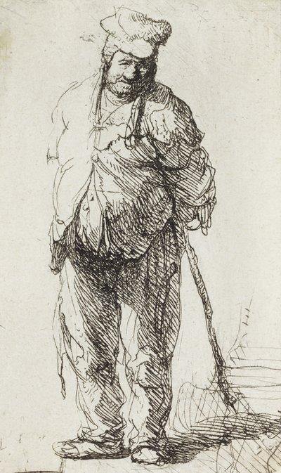 棒に寄りかかる乞食（紙にペンとインク 作： Rembrandt van Rijn