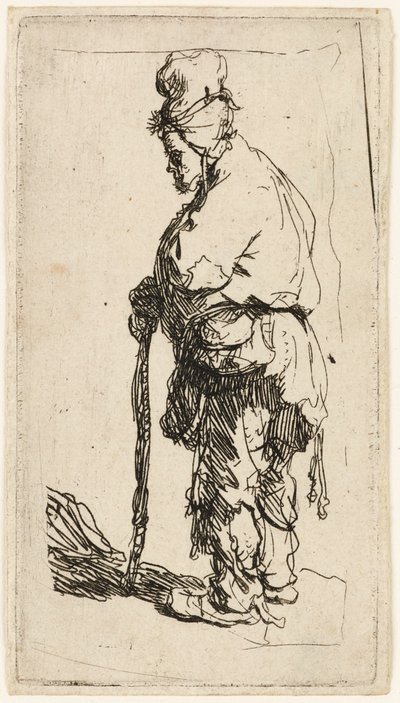 棒にもたれかかる物乞い、1630 年頃。 作： Rembrandt van Rijn