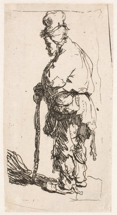 杖に寄りかかり、左を向いている物乞い 作： Rembrandt van Rijn