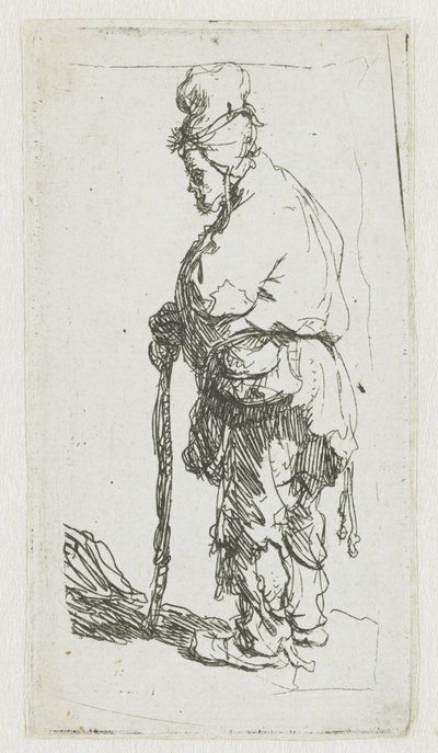 杖に寄りかかり、左を向いている物乞い 作： Rembrandt van Rijn