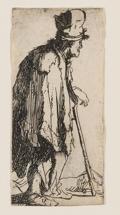 杖に寄りかかる、片手が不自由な物乞い 作： Rembrandt van Rijn