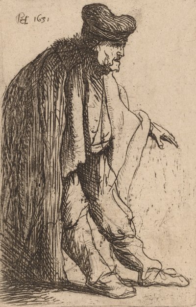 左手を伸ばした物乞い、1631年。 作： Rembrandt van Rijn