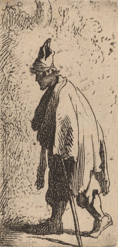棒を持った物乞い、左に歩く、1631年。 作： Rembrandt van Rijn