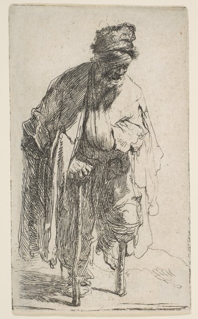 木製の脚のある乞食、ca。 1630年。 作： Rembrandt van Rijn