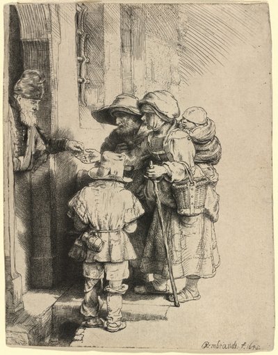 家のドアで施しを受け取る物乞い 作： Rembrandt van Rijn